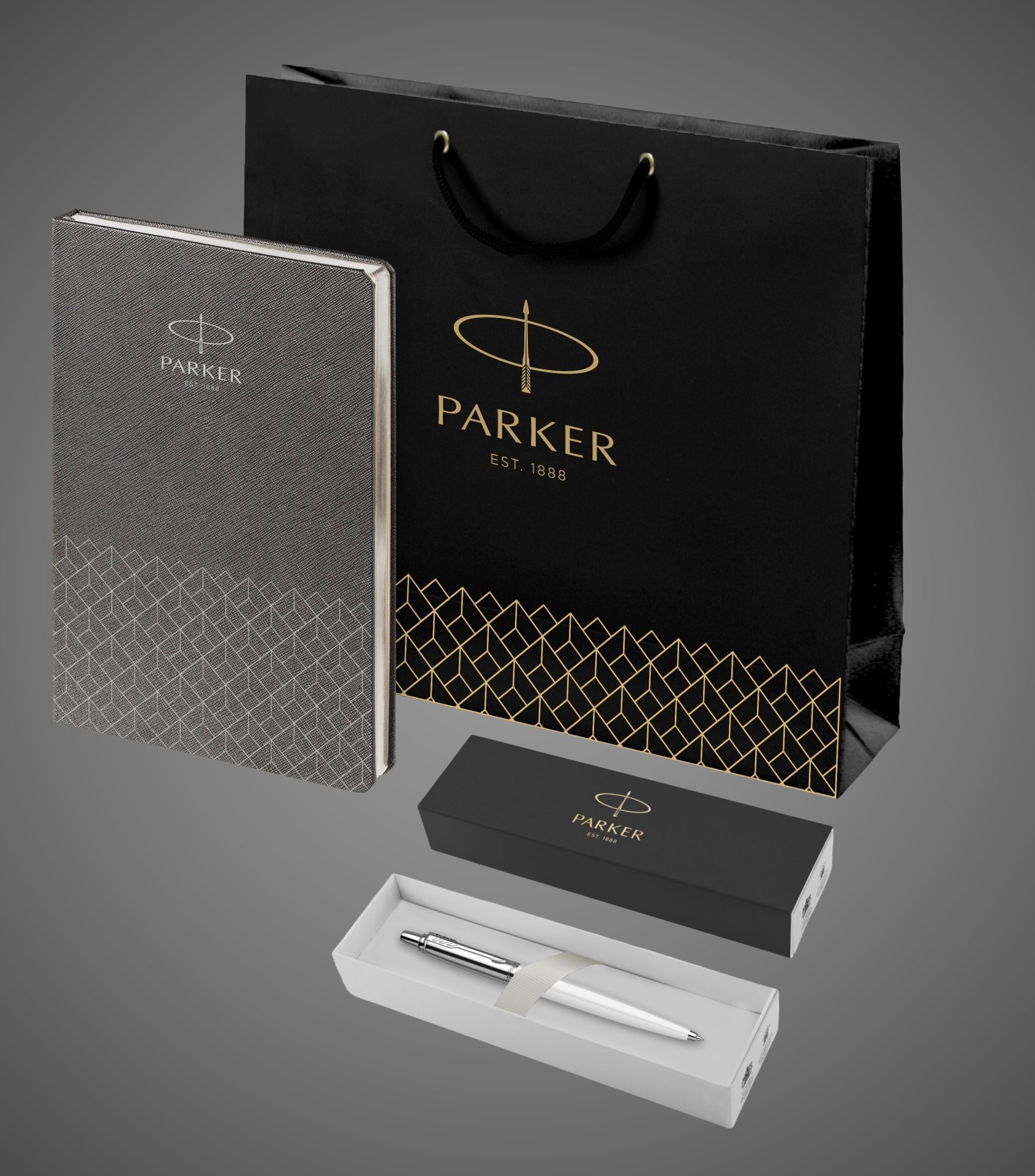 Подарочный набор: Шариковая ручка Parker Jotter K60, цвет: White и Ежедневник недатированный, серый, Металлы: нержавеющая сталь, пластик