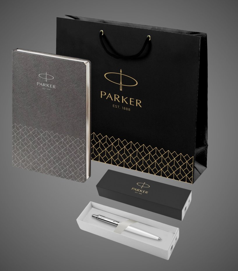 Подарочный набор: Шариковая ручка Parker Jotter K60, цвет: White и Ежедневник недатированный, серый, Металлы: нержавеющая сталь, пластик