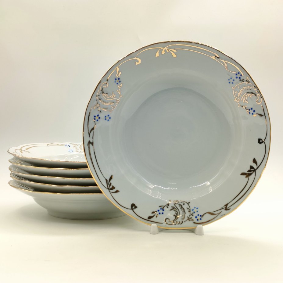 Набор из 6-ти суповых тарелок с растительным декором, фарфор, золочение, роспись, Барановский фарфоровый завод, СССР, 1970-1991 гг.