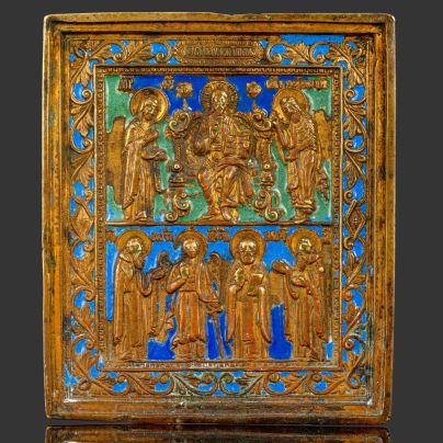 Икона "Деисус. Избранные святые" (в нижнем ряду Ангел, Свв. Николай, Зосима и Савватий Соловецкие), латунь, литье, трехцветные эмали, Российская империя, 1870-1900 гг.