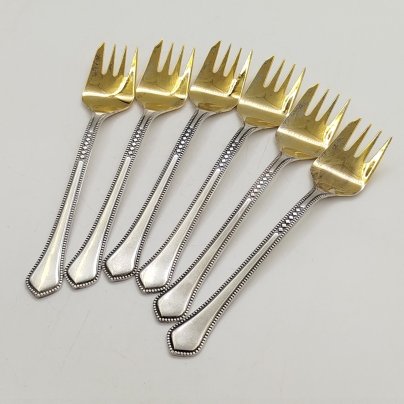 Набор вилок для десерта на 6 персон, мНЦ (медь-никель-цинк), золочение, Таллинский ювелирный завод, СССР, 1970-1990 гг.