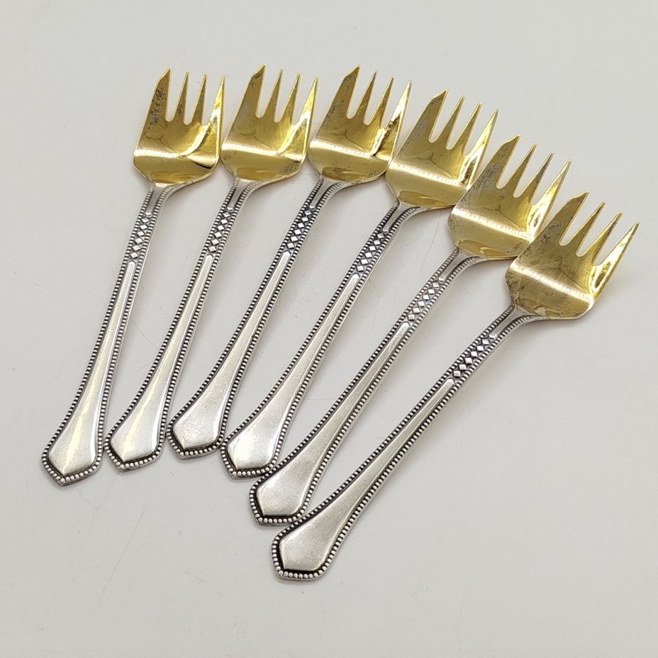 Набор вилок для десерта на 6 персон, мНЦ (медь-никель-цинк), золочение, Таллинский ювелирный завод, СССР, 1970-1990 гг.