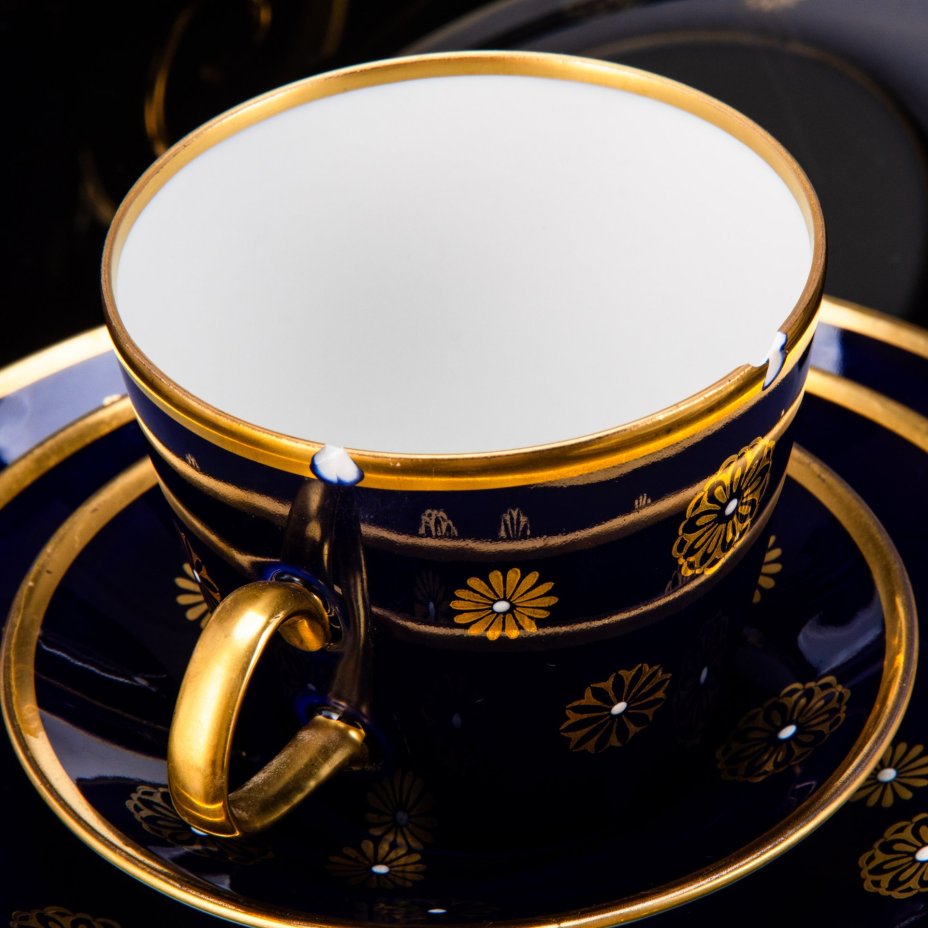 Сервиз чайно-кофейный со стилизованным цветочным декором на 6 персон (29 предметов), фарфор, крытье кобальтом, золочение, VEB Schaubach Kunst Lichte-Wallendorf, ГДР, 1966-1985 гг.