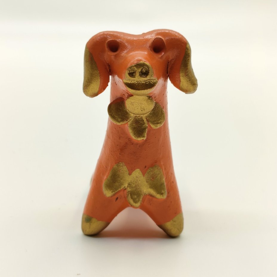 Игрушка-свистулька "Собачка" (Абашевская), глина, роспись, золочение