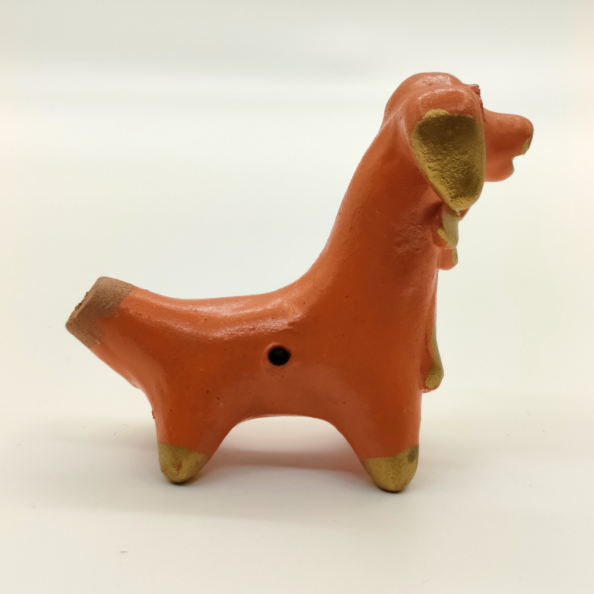 Игрушка-свистулька "Собачка" (Абашевская), глина, роспись, золочение