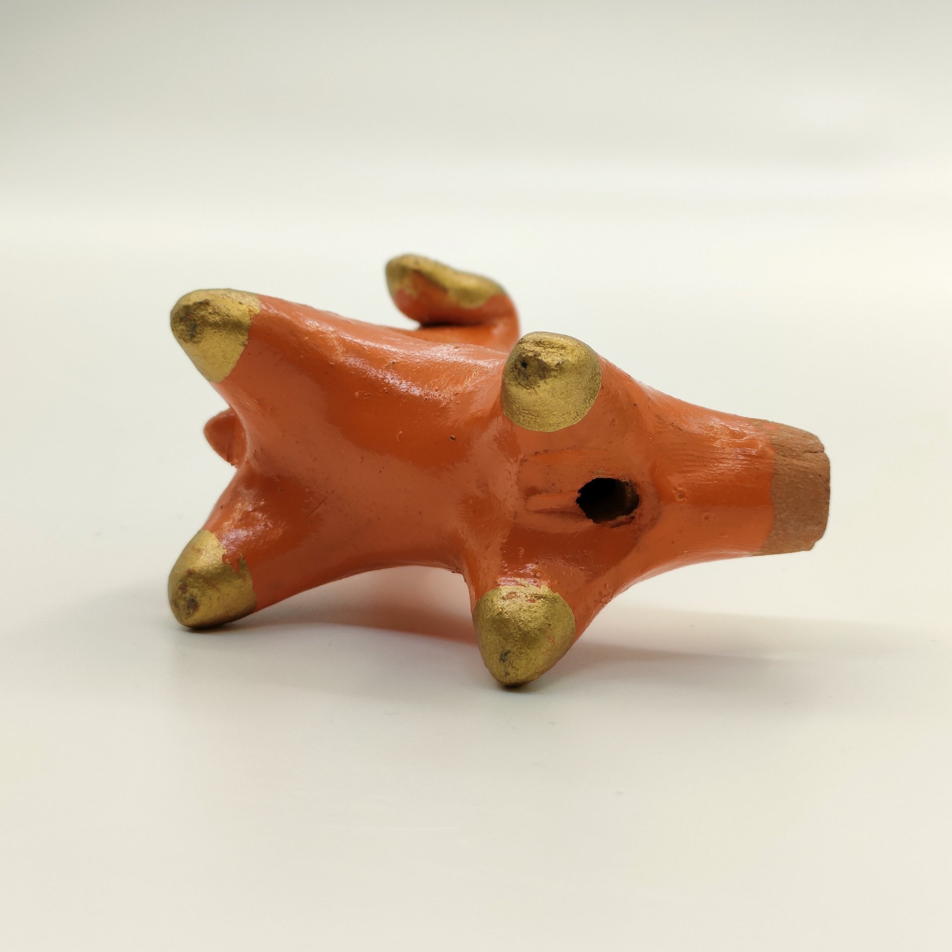 Игрушка-свистулька "Собачка" (Абашевская), глина, роспись, золочение