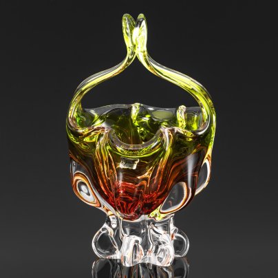 Конфетница в форме корзины с градиентом от коричневого к зеленому, стекло, гутная техника, Egermann, Чехословакия, 1970-1990 гг.