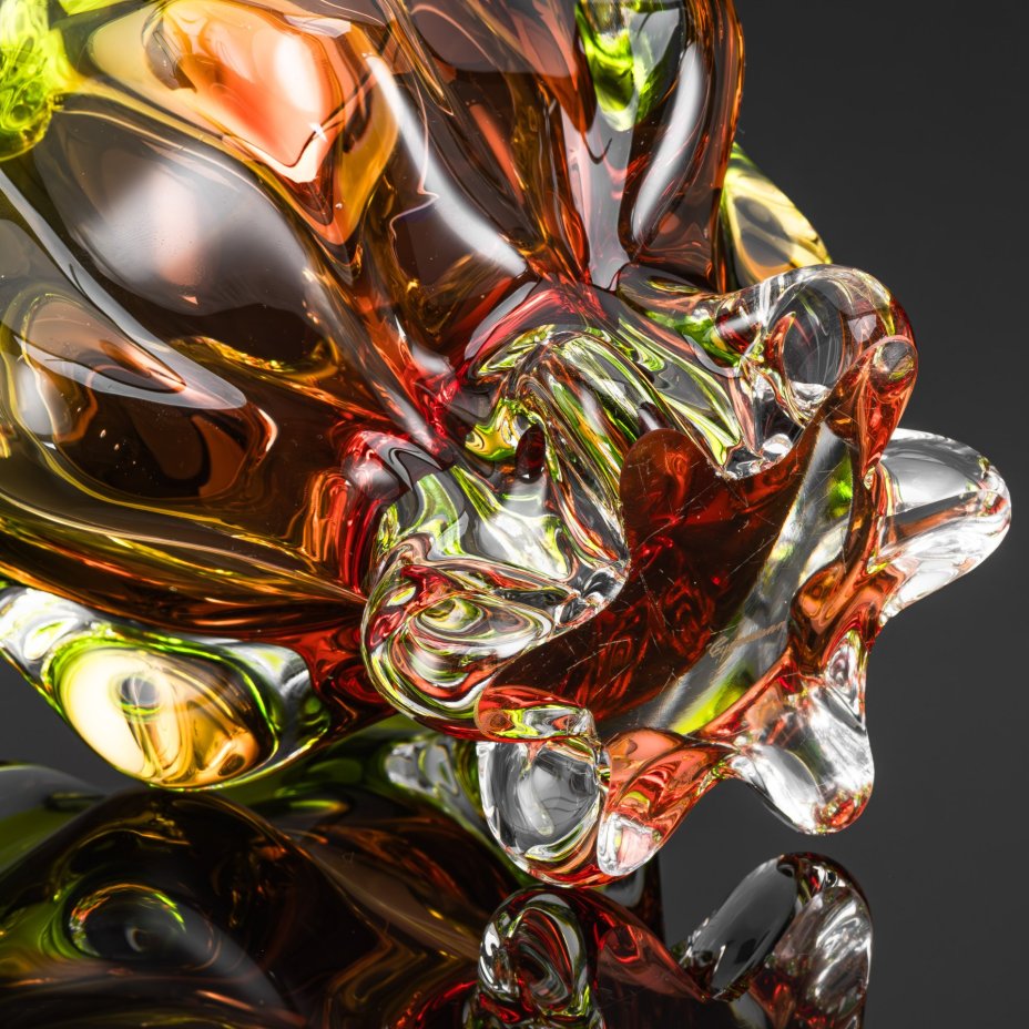 Конфетница в форме корзины с градиентом от коричневого к зеленому, стекло, гутная техника, Egermann, Чехословакия, 1970-1990 гг.