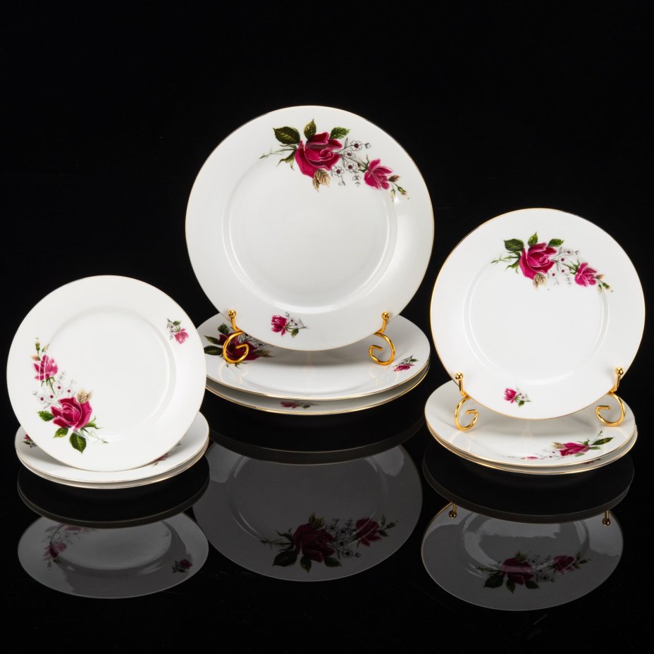 Сервиз обеденный с цветочным декором на 3 персоны (13 предметов), фарфор, деколь, золочение, Epiag D. F., Чехословакия, 1946-1970 гг.