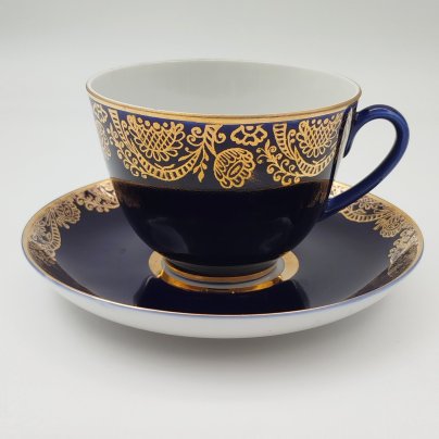 Пара чайная "Золотой фриз", фарфор, крытье кобальтом, Ленинградский фарфоровый завод (ЛФЗ), СССР, 1960-1970 гг.