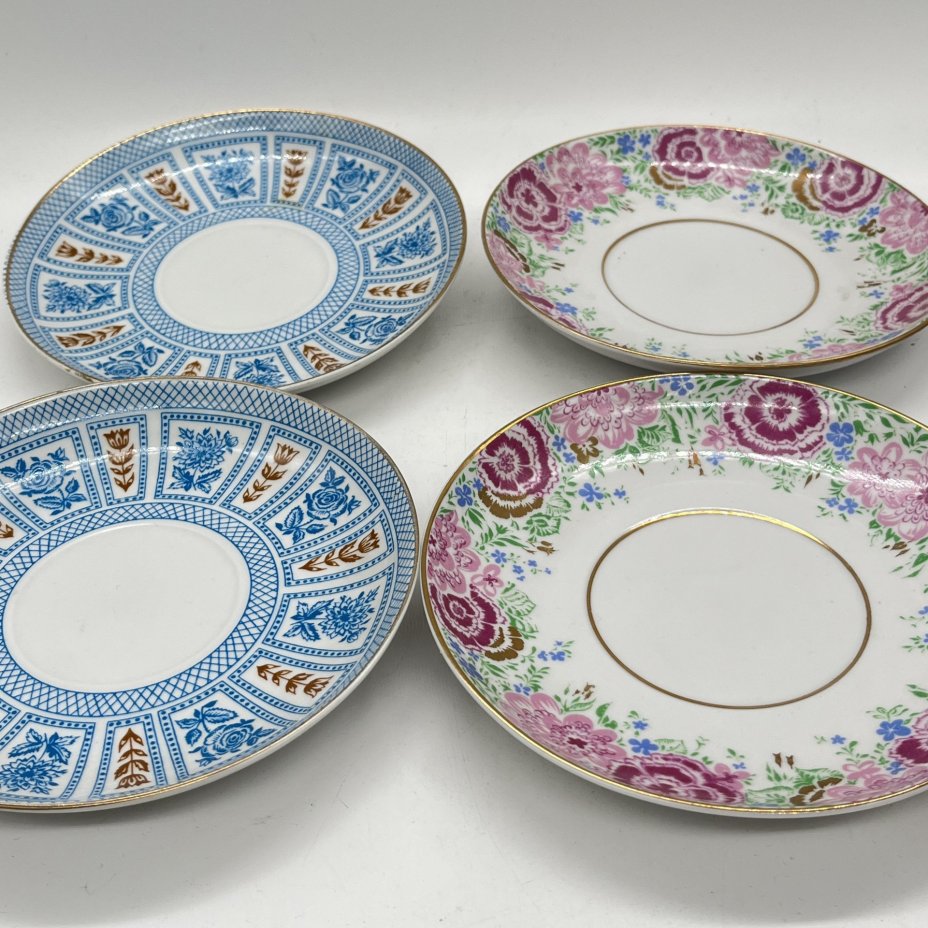 Набор из 4 блюдец разных расцветок с геометрическим и растительным декором (подбор!), фарфор, деколь, золочение, Ленинградский фарфоровый завод (ЛФЗ), СССР, 1960-1990 гг.