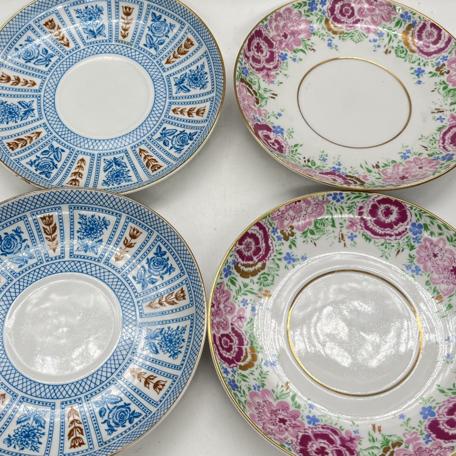 Набор из 4 блюдец разных расцветок с геометрическим и растительным декором (подбор!), фарфор, деколь, золочение, Ленинградский фарфоровый завод (ЛФЗ), СССР, 1960-1990 гг.