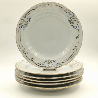 Набор из 6-ти обеденных тарелок с растительным декором, фарфор, золочение, роспись, Барановский фарфоровый завод, СССР, 1970-1991 гг.