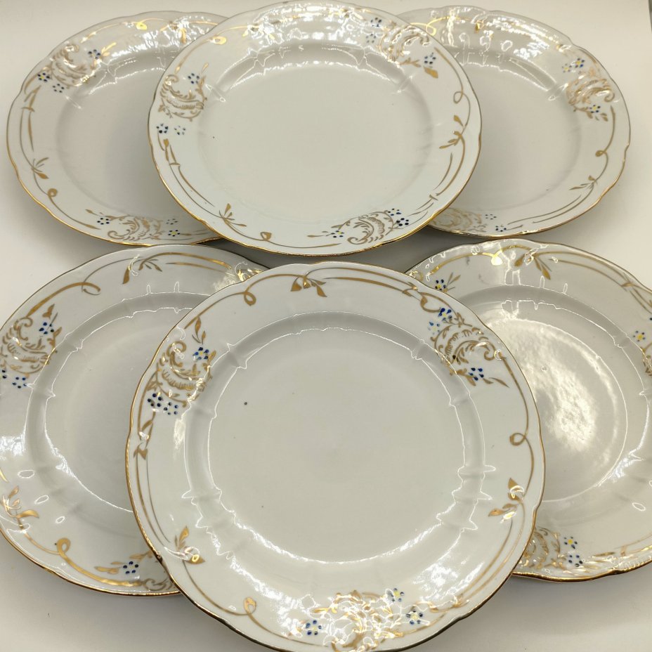 Набор из 6-ти обеденных тарелок с растительным декором, фарфор, золочение, роспись, Барановский фарфоровый завод, СССР, 1970-1991 гг.