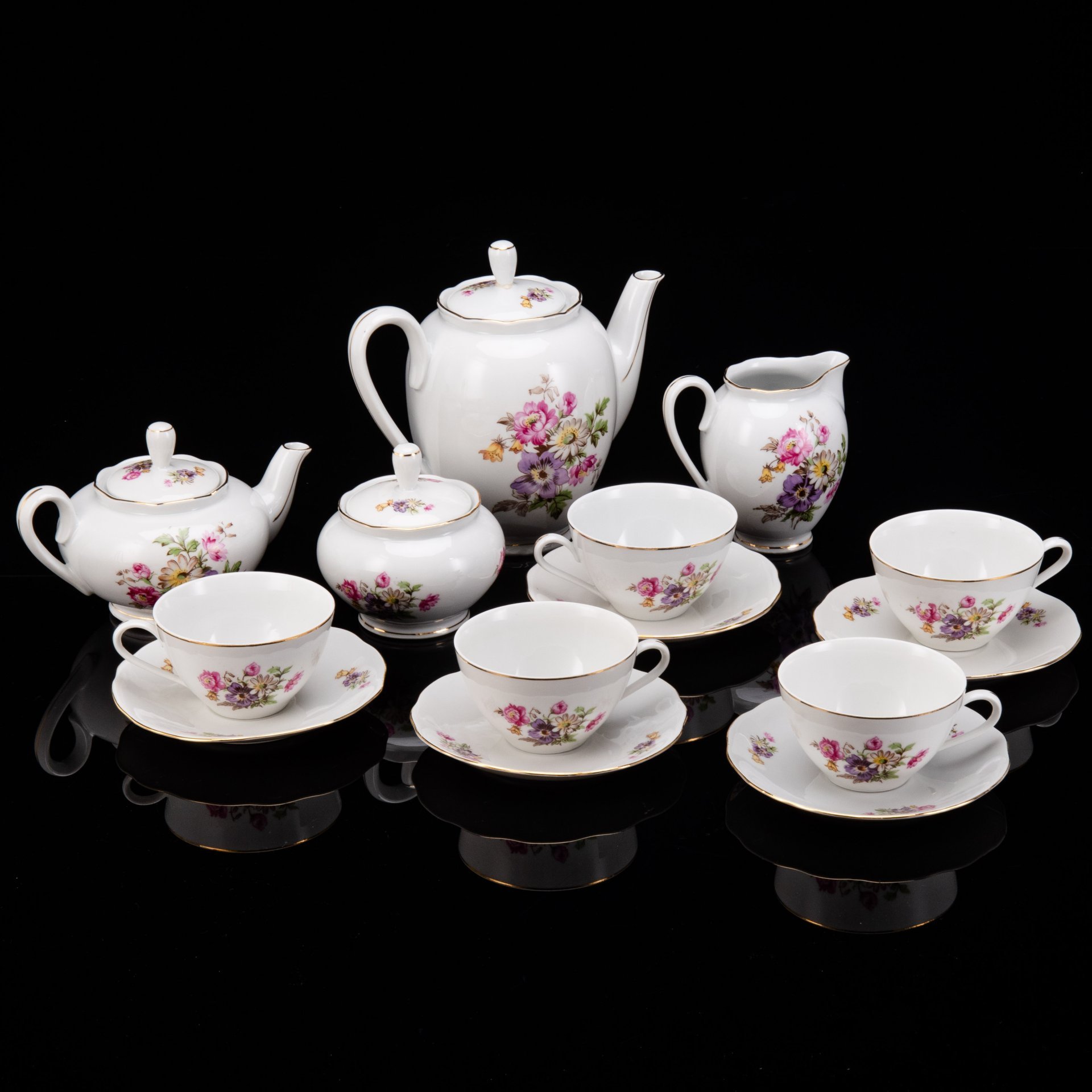 Сервиз чайный с цветочным декором на 5 персон (14 предметов), фарфор, деколь, золочение, Könitz Porzellan, Германия, 1954-1962 гг.