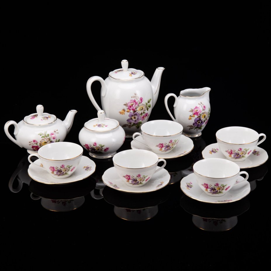 Сервиз чайный с цветочным декором на 5 персон (14 предметов), фарфор, деколь, золочение, Könitz Porzellan, Германия, 1954-1962 гг.