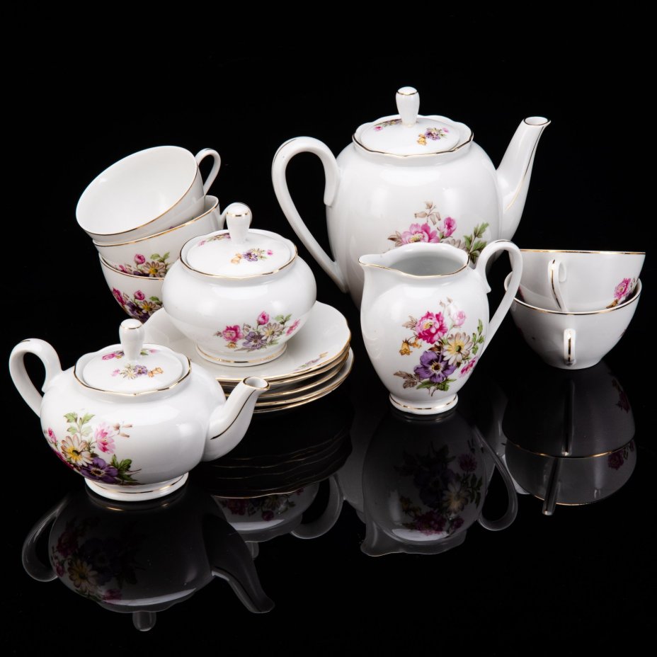 Сервиз чайный с цветочным декором на 5 персон (14 предметов), фарфор, деколь, золочение, Könitz Porzellan, Германия, 1954-1962 гг.