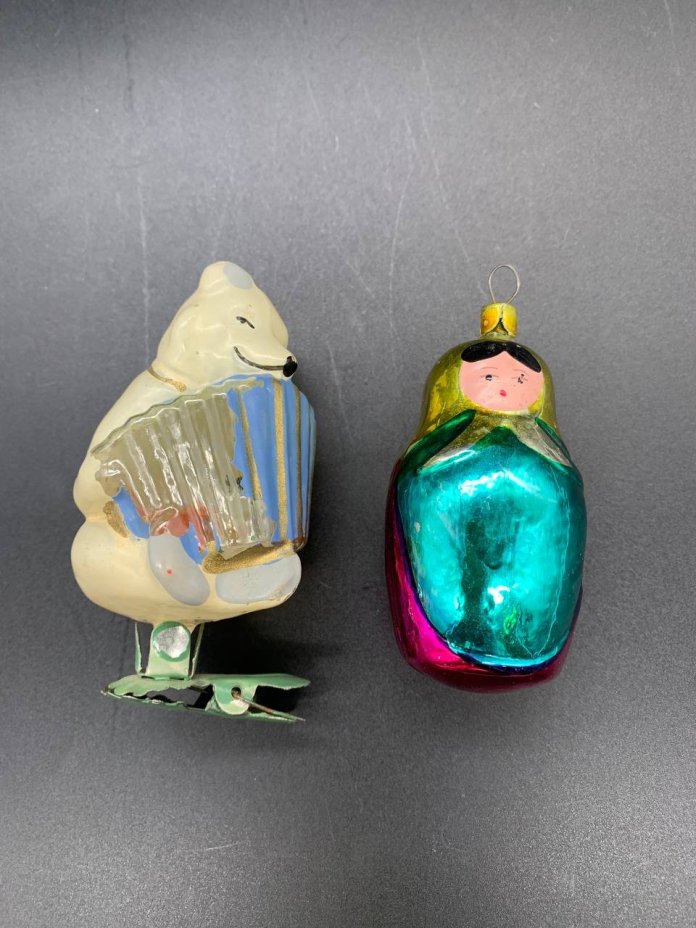 Набор из 3 винтажных ёлочных игрушек, стекло, роспись, металл, СССР, 1940-1970 гг.