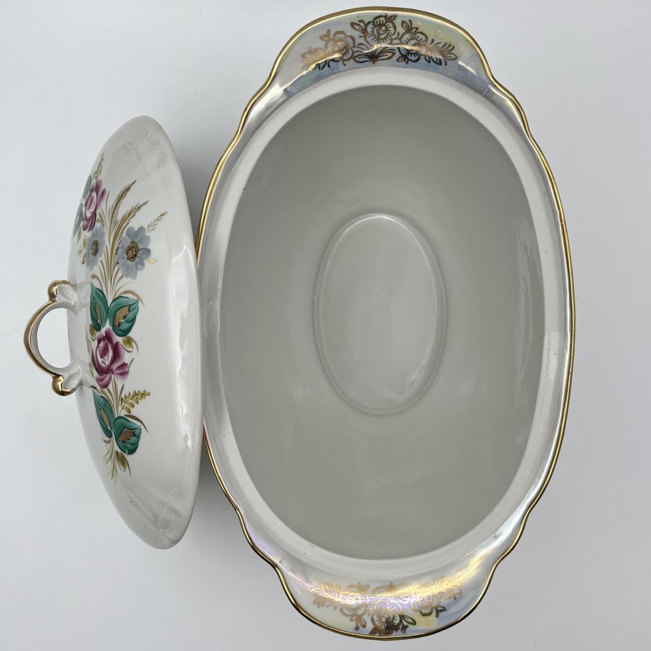 Супница/террина с цветочным декором, фарфор, роспись, люстр, золочение, Барановский фарфоровый завод, СССР, 1970-1991 гг.