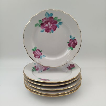 Набор пирожковых (закусочных) тарелок с цветочным декором на 6 персон, фарфор, деколь, золочение, Дулевский фарфоровый завод (Дулёво), СССР, 1968-1991 гг.