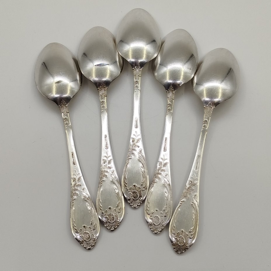 Набор столовых ложек с растительным декором на черенках (5 шт.), мНЦ (медь-никель-цинк), Вольнянский завод столовых приборов им. Шевченко (ЗiШ, ЗиШ), СССР, 1970-1990 гг.