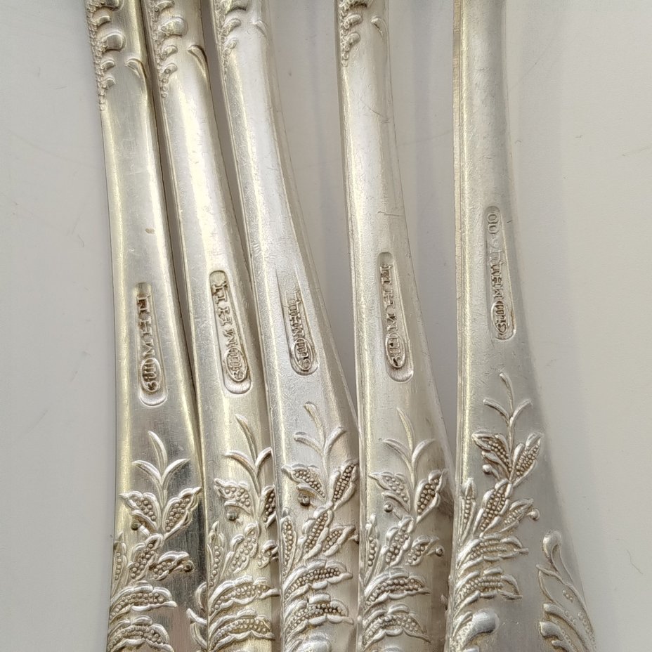 Набор столовых ложек с растительным декором на черенках (5 шт.), мНЦ (медь-никель-цинк), Вольнянский завод столовых приборов им. Шевченко (ЗiШ, ЗиШ), СССР, 1970-1990 гг.