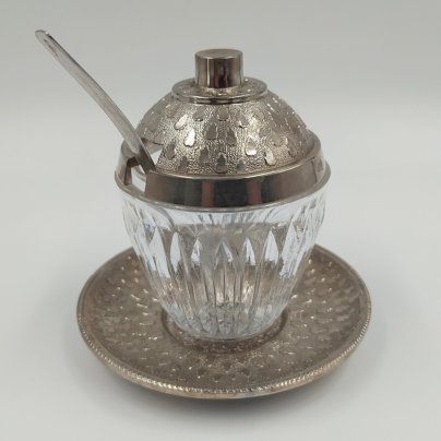 Горчичница с ложечкой на подносе, стекло, металл, СССР, 1960-1990 гг.