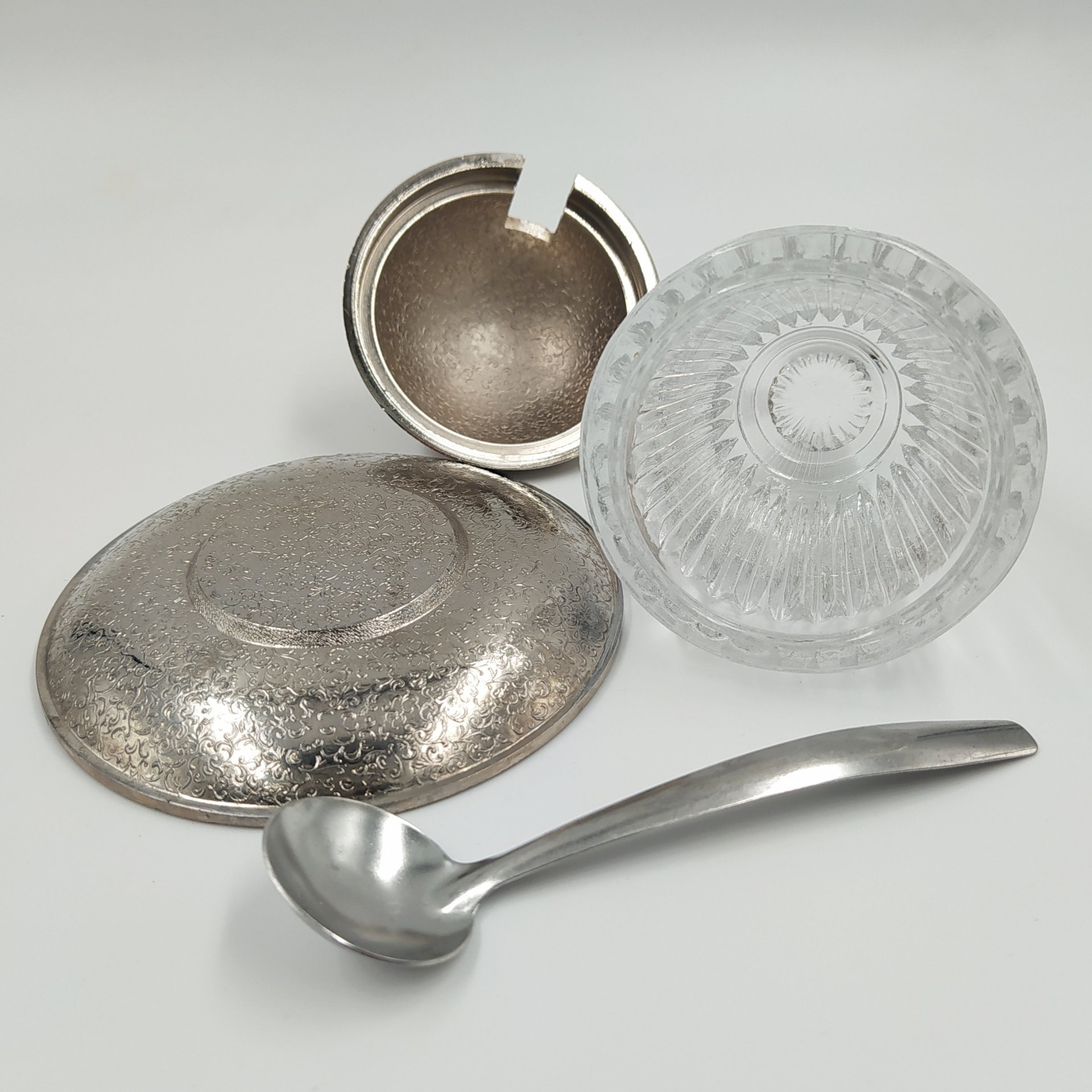 Горчичница с ложечкой на подносе, стекло, металл, СССР, 1960-1990 гг.