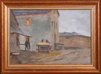 Картина в раме "Пейзаж с телегой", бумага, картон, масло, Художник Таптун, СССР, 1960-1965 гг., Художник Таптун