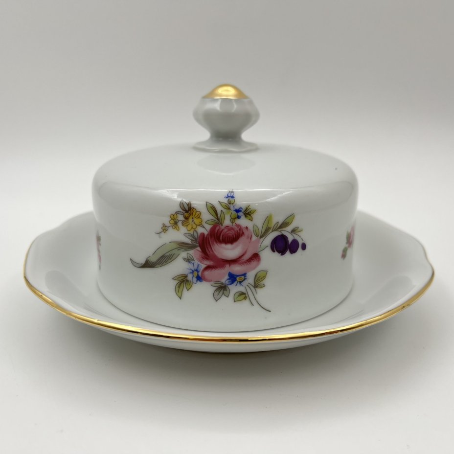 Масленка с цветочным декором, фарфор, деколь, золочение, Bohemia (Neurohlau), Чехословакия, 1970-1990 гг.