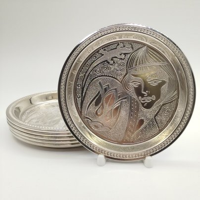 Набор из 6-ти тарелок (подносов) "Каменный цветок", Калининградский машиностроительный завод, медь, никелирование, СССР, 1960-1980 гг.