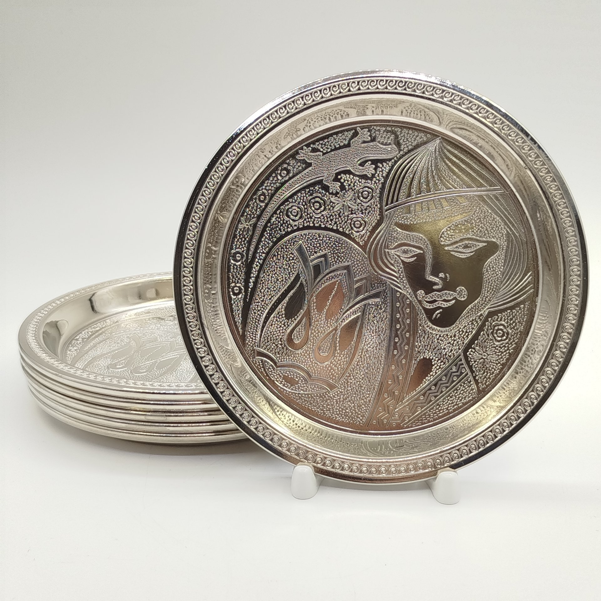 Набор из 6-ти тарелок (подносов) "Каменный цветок", Калининградский машиностроительный завод, медь, никелирование, СССР, 1960-1980 гг.