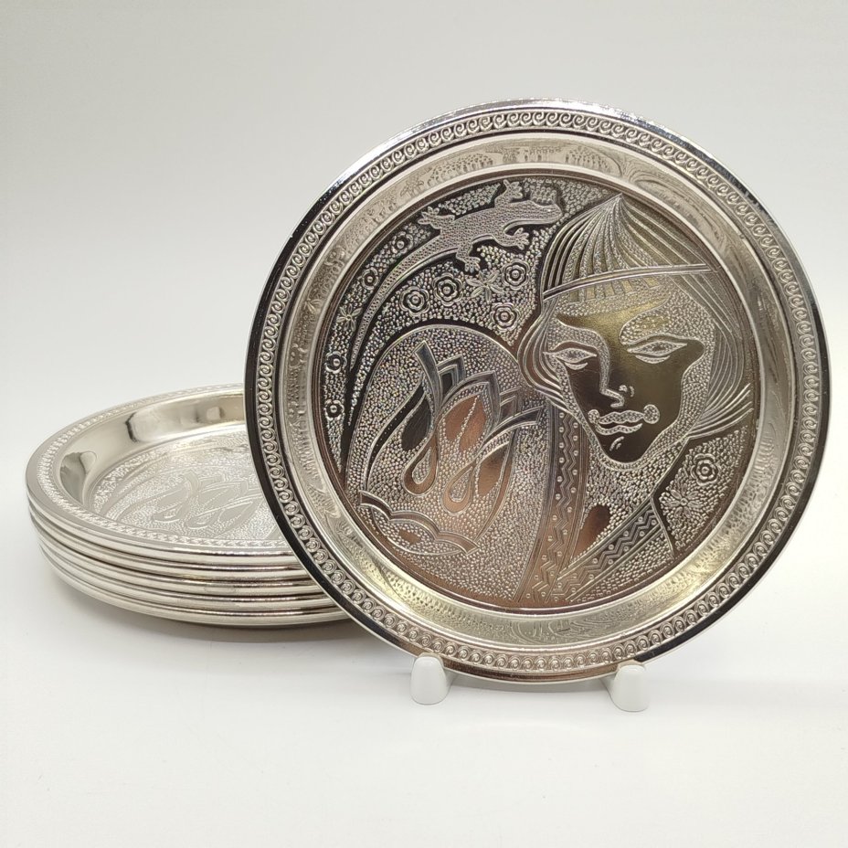 Набор из 6-ти тарелок (подносов) "Каменный цветок", Калининградский машиностроительный завод, медь, никелирование, СССР, 1960-1980 гг.