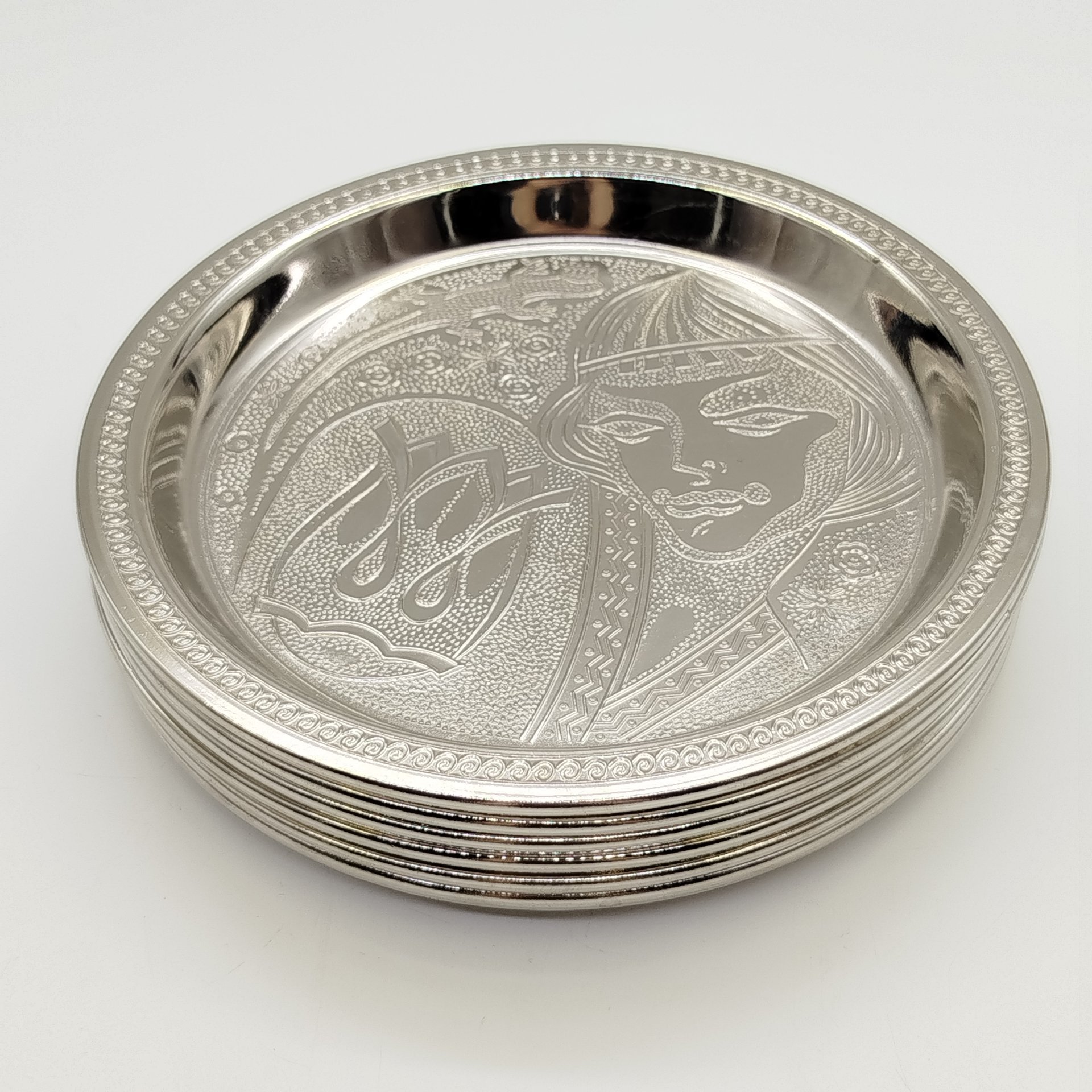 Набор из 6-ти тарелок (подносов) "Каменный цветок", Калининградский машиностроительный завод, медь, никелирование, СССР, 1960-1980 гг.