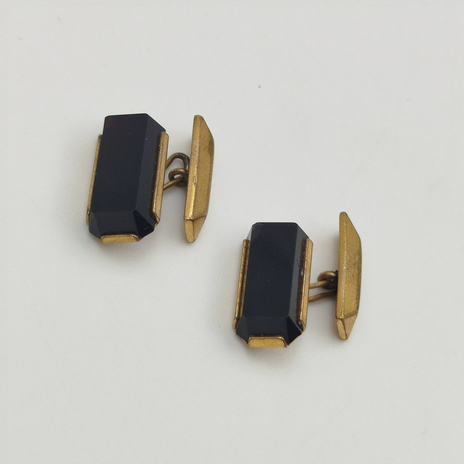 Запонки золотистого цвета с черными вставками (винтаж), металл, СССР, 1970-1990 гг.
