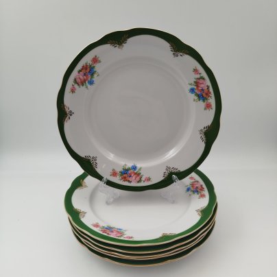 Набор из 6-пирожковых тарелок, из сервиза "Воспоминание", фарфор, деколь, золочение, Дулевский фарфоровый завод (Дулёво), Российская Федерация, 1999 г.