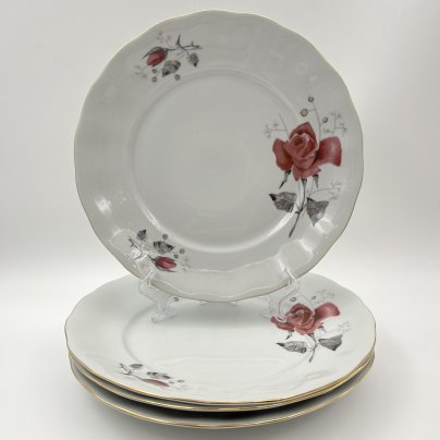Набор из 4-х обеденных тарелок с изображением розы, фарфор, деколь, золочение, Karolina (Фарфоровая мануфактура «Каролина», Польша), Польша, 1980-1990 гг.