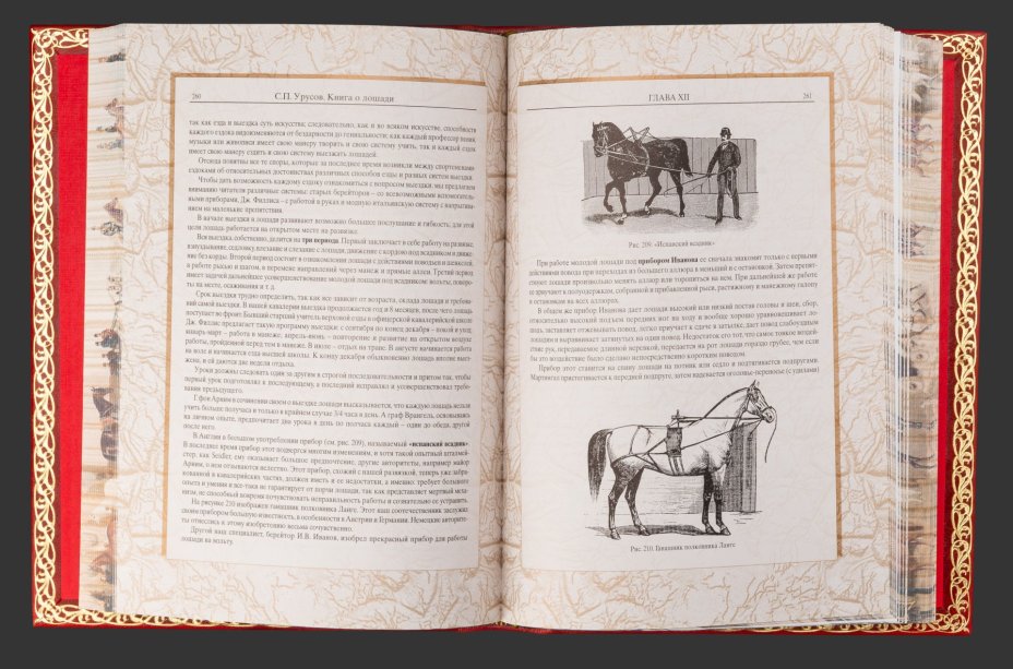 Подарочный комплект из 2-х книг "Книга о лошади"  С.П. Урусов на подставке, бумага, кожаный переплет, обрез с принтом, тиснение, золочение, серебрение; подставка из дерева, обтянутая кожей