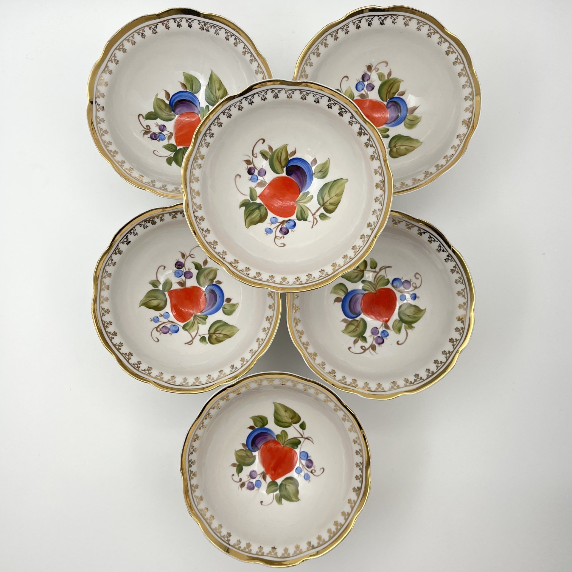 Набор из 6-ти пиал (мисок) с растительным декором, фарфор, роспись, золочение, Коростенский фарфоровый завод (КФЗ), СССР, 1970-1990 гг.