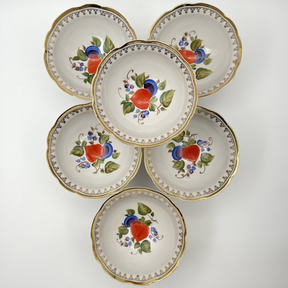 Набор из 6-ти пиал (мисок) с растительным декором, фарфор, роспись, золочение, Коростенский фарфоровый завод (КФЗ), СССР, 1970-1990 гг.