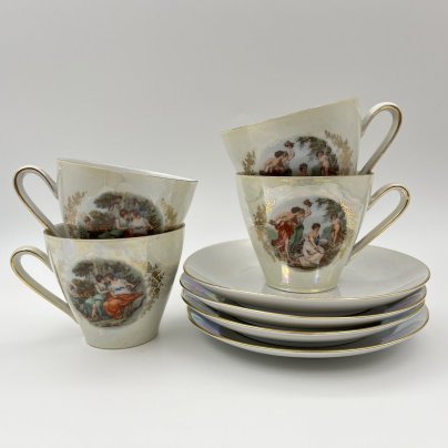 Набор из четырех чайных пар "Мадонна", фарфор, деколь, люстр, золочение, Kahla, ГДР, 1960-1990 гг.