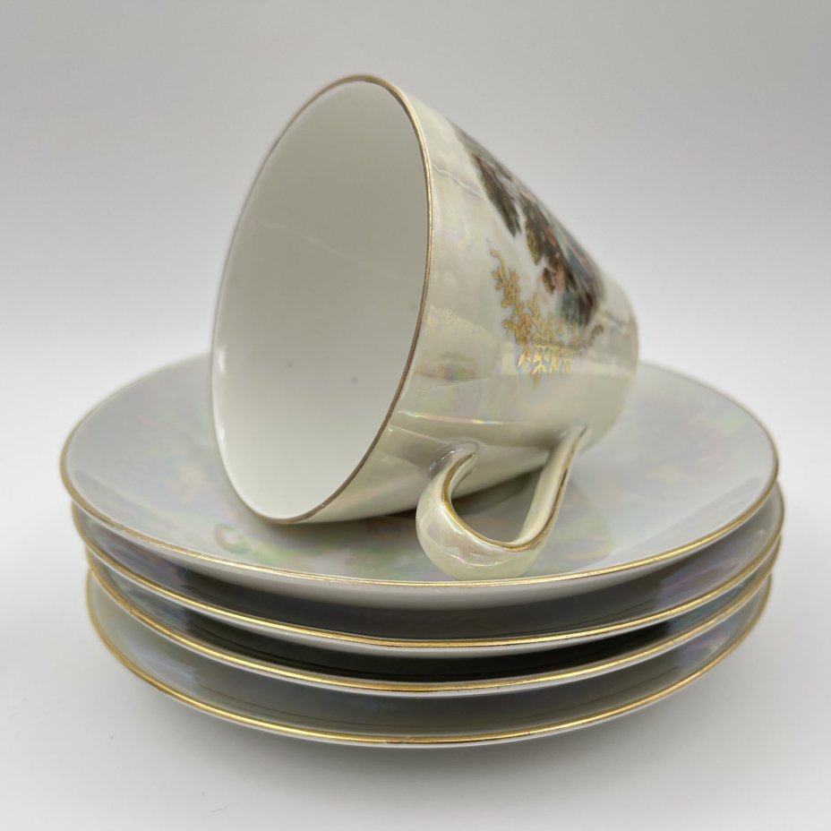 Набор из четырех чайных пар "Мадонна", фарфор, деколь, люстр, золочение, Kahla, ГДР, 1960-1990 гг.