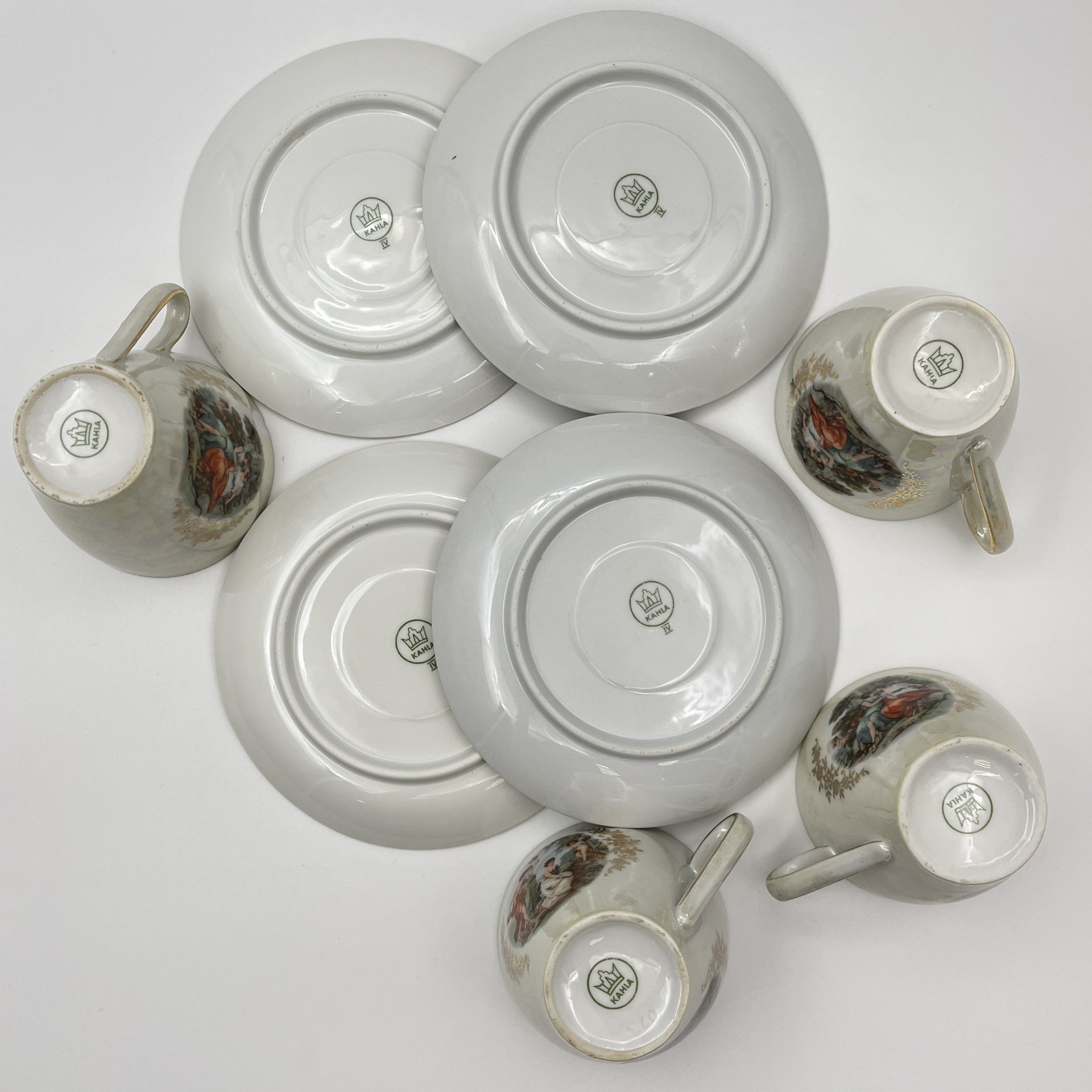 Набор из четырех чайных пар "Мадонна", фарфор, деколь, люстр, золочение, Kahla, ГДР, 1960-1990 гг.