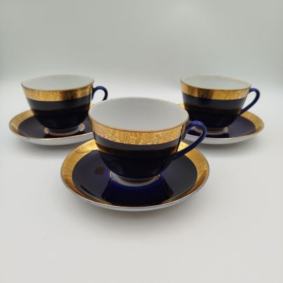 Набор из 3 чайных пар с золотой орнаментальной каймой, фарфор, кобальт, золочение, Ленинградский фарфоровый завод (ЛФЗ), СССР, 1960-1980 гг.