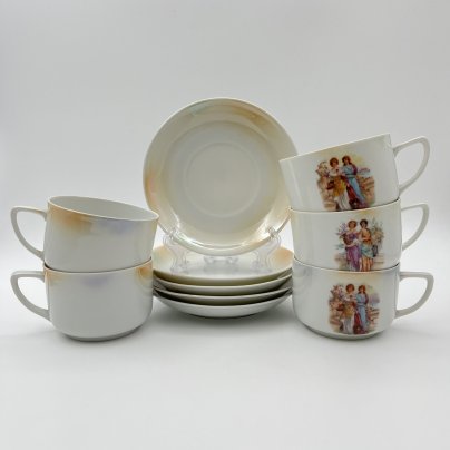 Набор чайно-кофейных пар с изображением девушек в саду на 5 персон, фарфор, деколь, Victoria, Чехословакия, 1918-1939 гг.