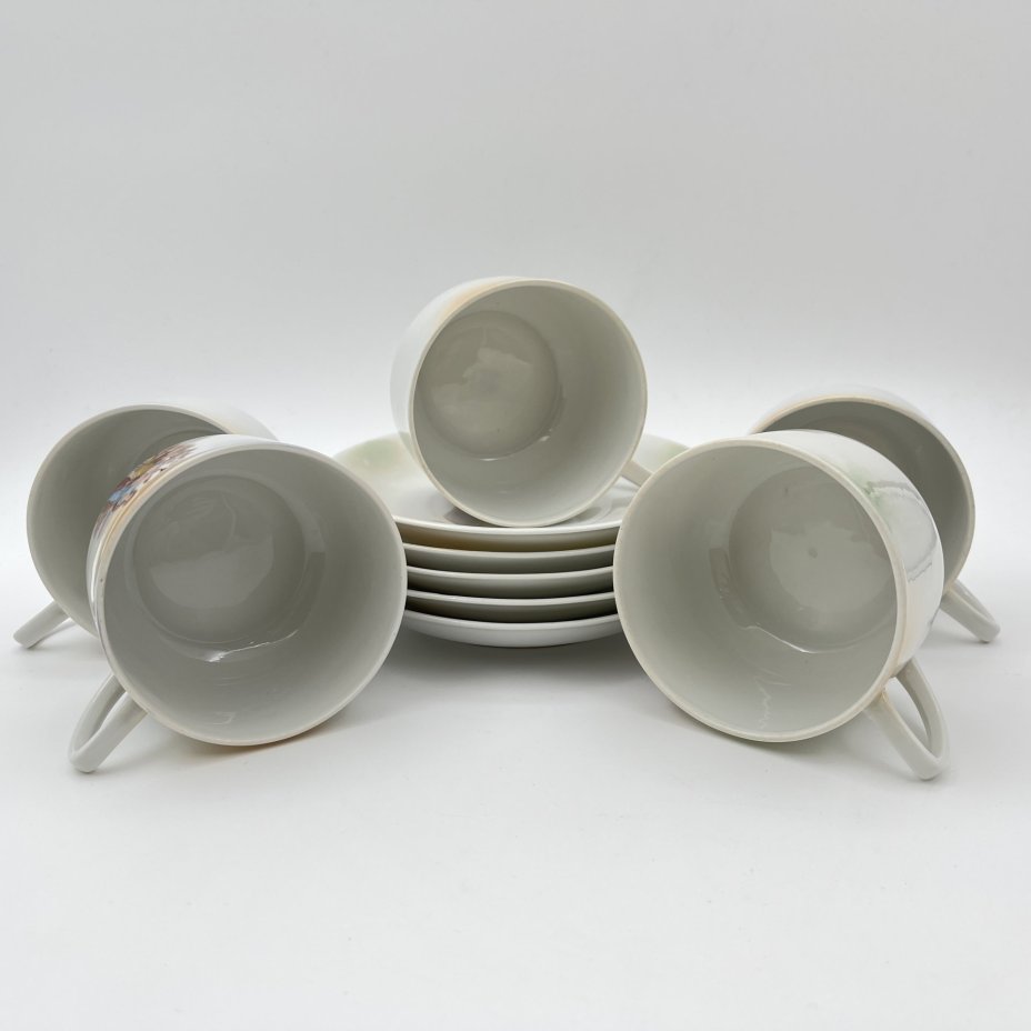 Набор чайно-кофейных пар с изображением девушек в саду на 5 персон, фарфор, деколь, Victoria, Чехословакия, 1918-1939 гг.