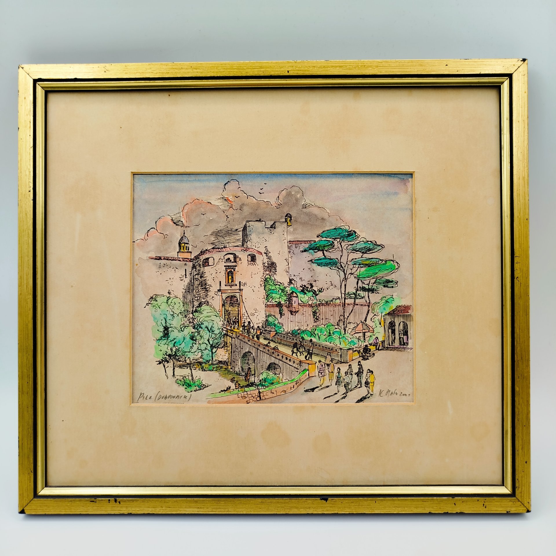 Пейзаж с видом средневековых ворот в Старый город Дубровника, оформленный в раму, неизвестный художник (подпись неразборчива), бумага, акварель с подрисовкой ручкой, дерево, Хорватия, 2000-2010 гг.