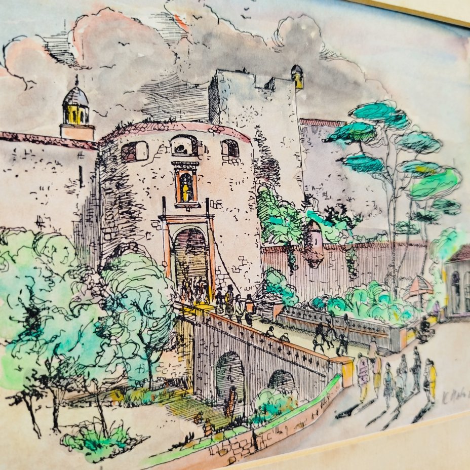 Пейзаж с видом средневековых ворот в Старый город Дубровника, оформленный в раму, неизвестный художник (подпись неразборчива), бумага, акварель с подрисовкой ручкой, дерево, Хорватия, 2000-2010 гг.