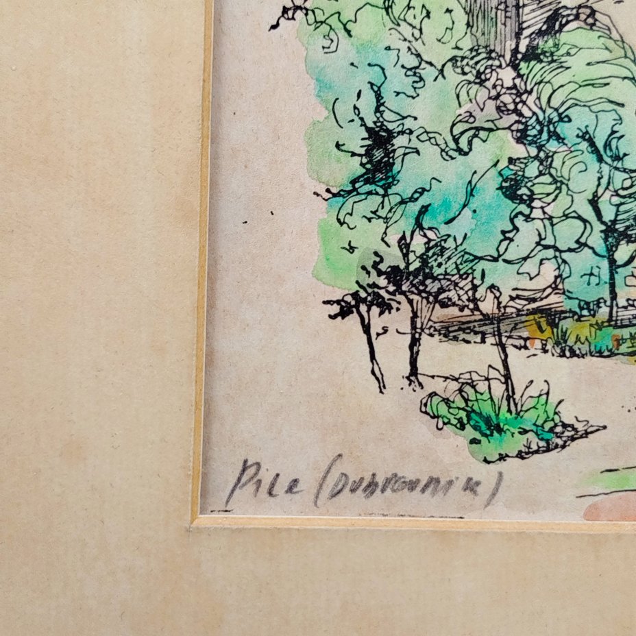 Пейзаж с видом средневековых ворот в Старый город Дубровника, оформленный в раму, неизвестный художник (подпись неразборчива), бумага, акварель с подрисовкой ручкой, дерево, Хорватия, 2000-2010 гг.