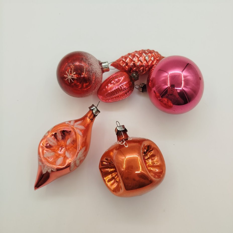 Набор из шести ёлочных игрушек, стекло, металл, СССР, 1960-1980 гг.